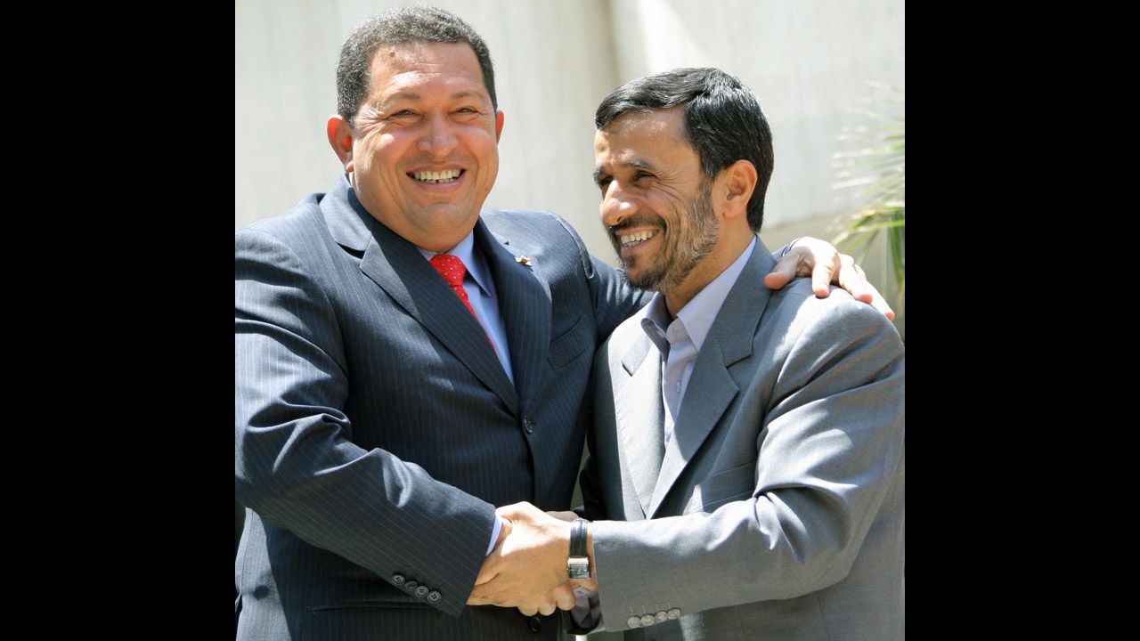 Chavez embraces Iranian President Mahmoud Ahmadinejad, right, in Tehran, Iran, on July 1, 2007.  The two presidents have enjoyed a close relationship and Chavez has referred to Ahmadinejad as his "ideological brother."