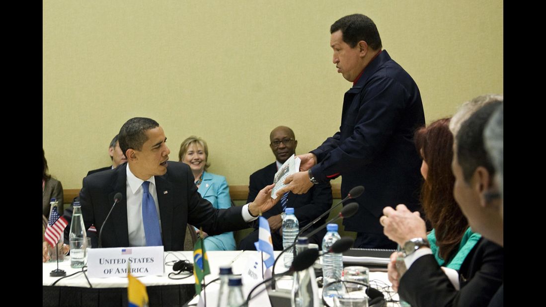 Chavez, right, gives a copy of the book, "The Open Veins of Latin America" by Eduardo Galeano to President Barack Obama during a multilateral meeting at the Summit of the Americas in Port of Spain, Trinidad, on April 18, 2009.