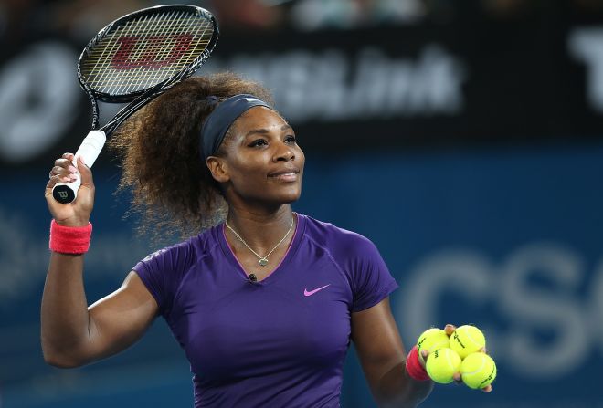 Williams, who beat the world No. 1 in the final of September's U.S. Open, hits balls into the crowd at Pat Rafter Arena after Azarenka announced her withdrawal.