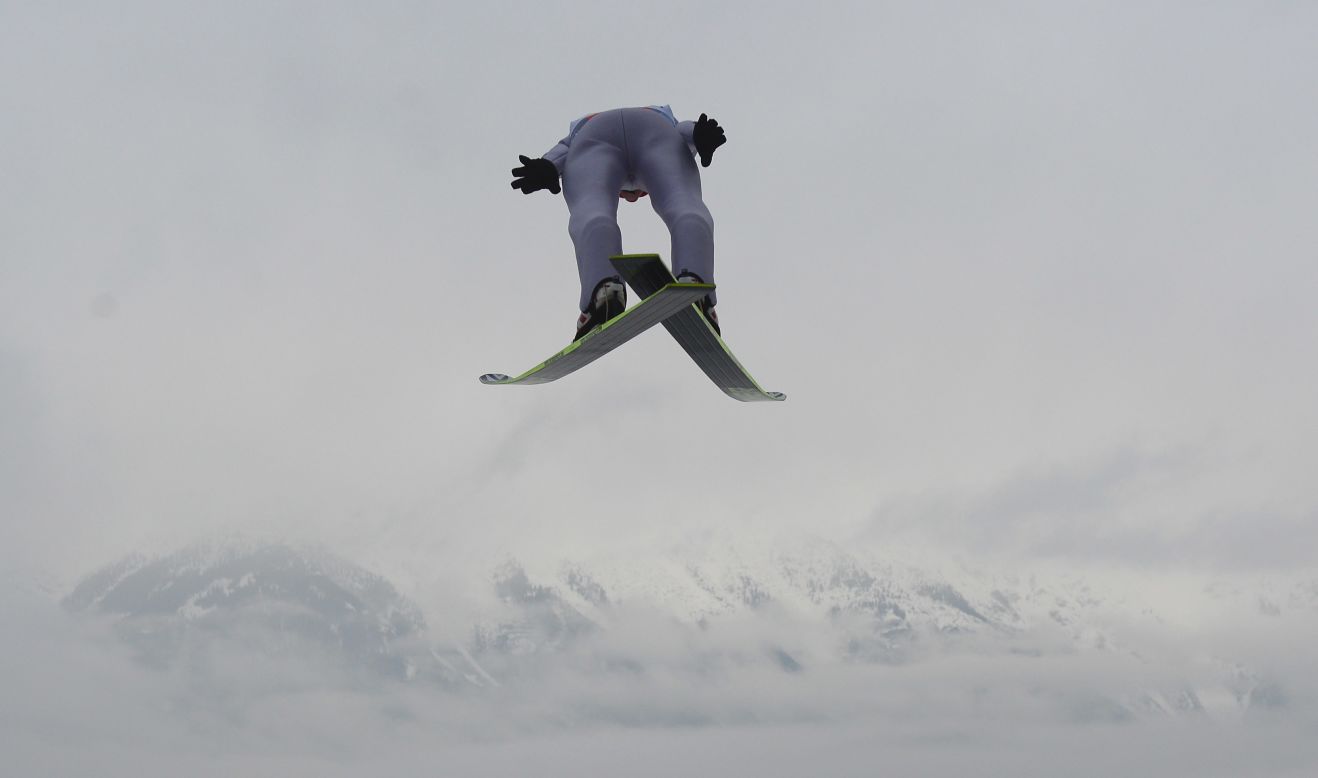 An athlete soars during the trial round of the FIS Ski Jumping World Cup at the 61st Four Hills Ski Jumping Tournament at Bergisel-Stadion on January 4.