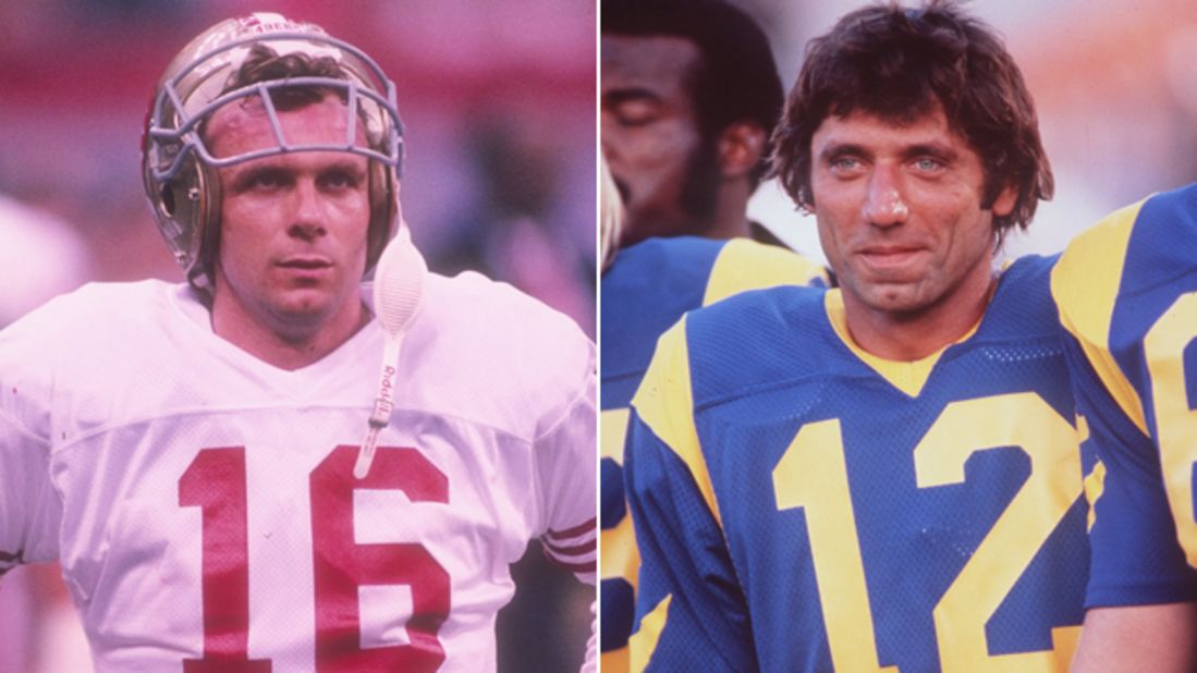 Joe Montana, pictured at left during Super Bowl XXIV in 1990, entered Notre Dame in 1974. Joe Namath, pictured playing for the Rams in 1977, was a 1964 All-American for Alabama.