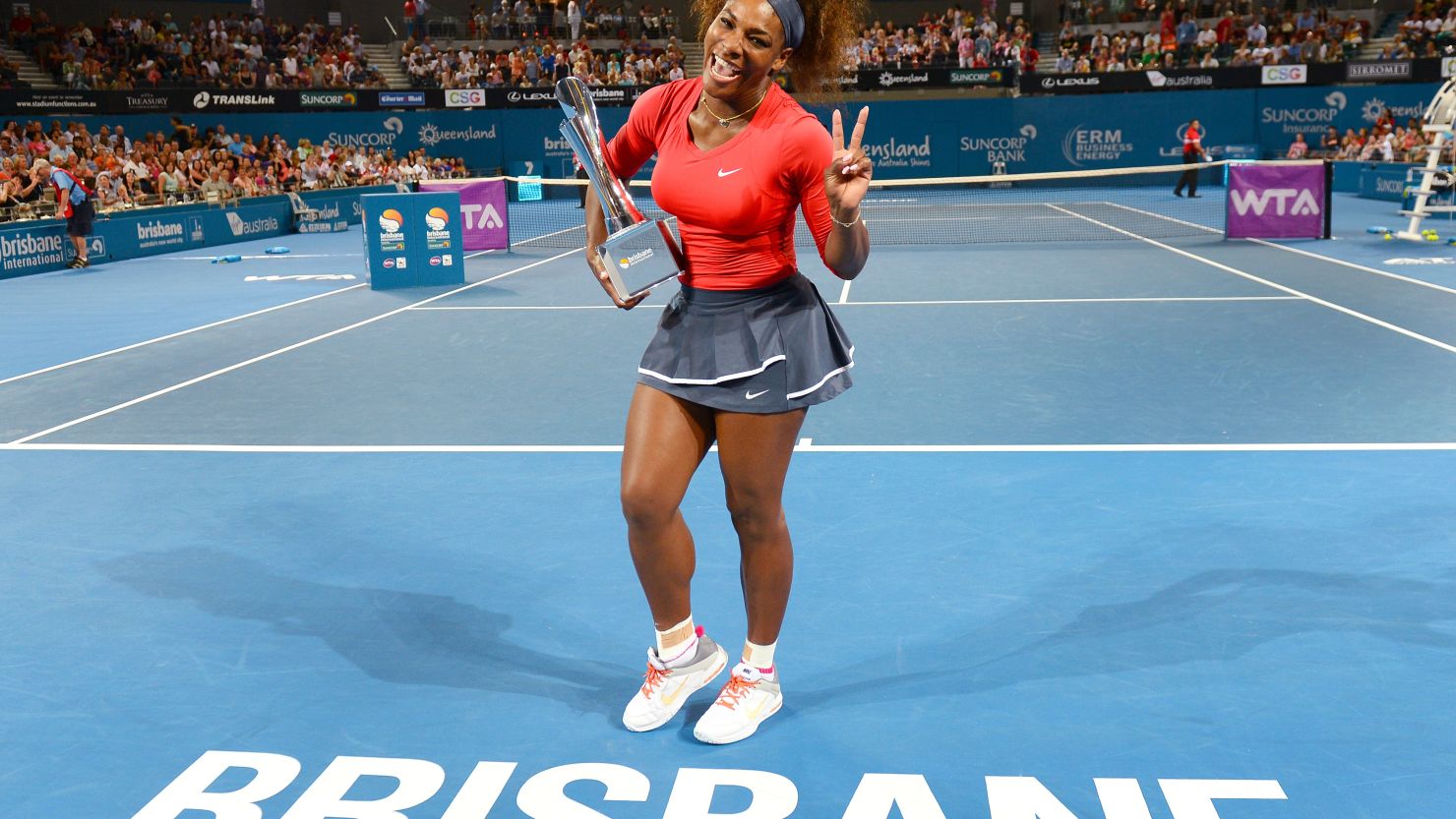 Serena Williams clearly delighted to have started 2013 by winning the Brisbane International title.