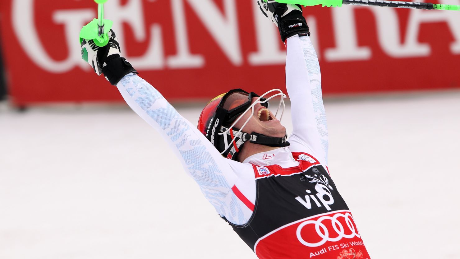 Marcel Hirscher celebrates after winning the giant slalom in Zagreb, Croatia.