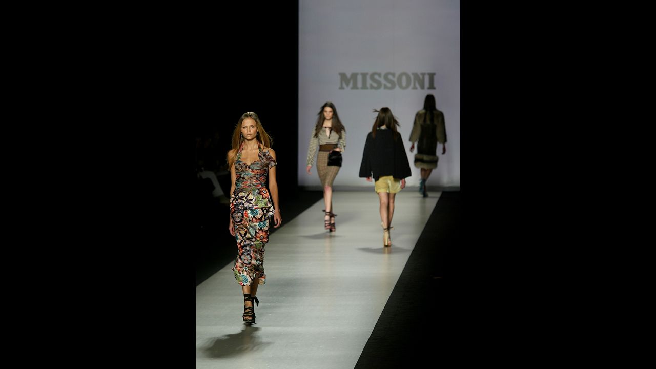Models walk down the runway at the Missoni show during Milan Fashion Week on February 23, 2005. The private company is based in Milan and one of the premier fashion houses.
