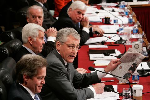 Hagel comments on a New York Times article during a Senate Foreign Relations Committee's consideration of a resolution on the Iraq War in January 2007. The GOP senator opposed the troop surge in Iraq.