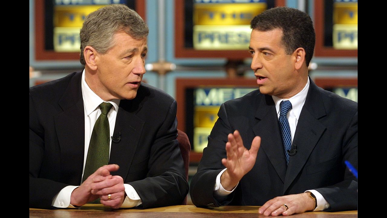 Hagel discusses the McCain-Feingold campaign finance reform bill with then-Sen. Russ Feingold on NBC's ''Meet the Press'' in March 2001. 