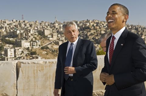 Candidate Obama and Hagel tour Jordan's historic Amman Citadel in July 2008. 