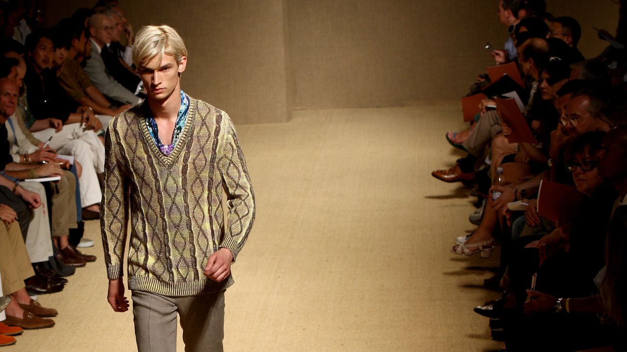 A model walks the runway during Missoni fashion show during Milan Fashion Week on June 21, 2008. The high-end fashion label is known for its patterned knitwear and signature zigzag stripe.