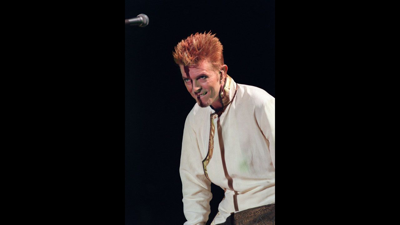 Bowie appears onstage at the Parc des Princes in Paris in June 1997.