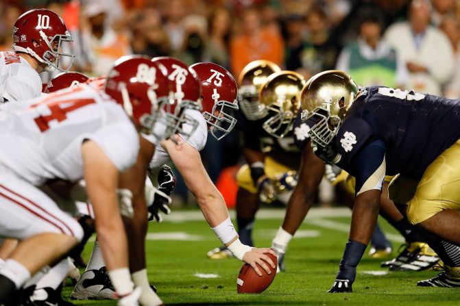 Center Barrett Jones and the Alabama offense line up against Notre Dame.