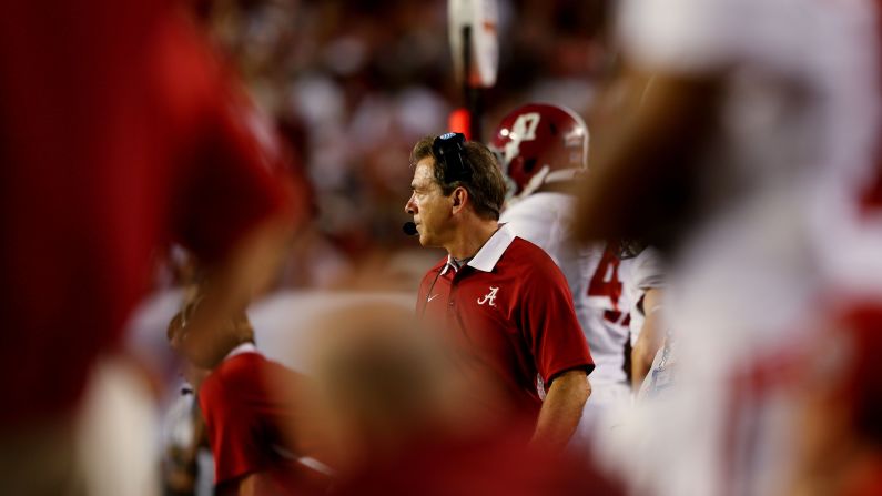 Alabama head coach Nick Saban watches the game from the sidelines.