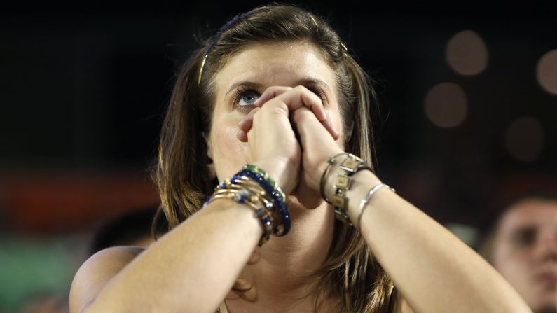 A Notre Dame fan watches the second half of the game against Alabama.