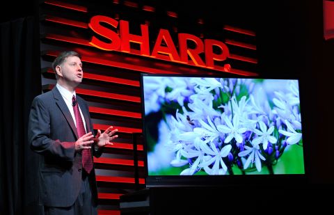 Sharp Electronics exec Jim Sanduski unveils the Sharp ICC Purios 4K ultra HD television at a January press event at the Mandalay Bay Convention Center. It will hit the market this winter at an eye-popping price of about $31,000.