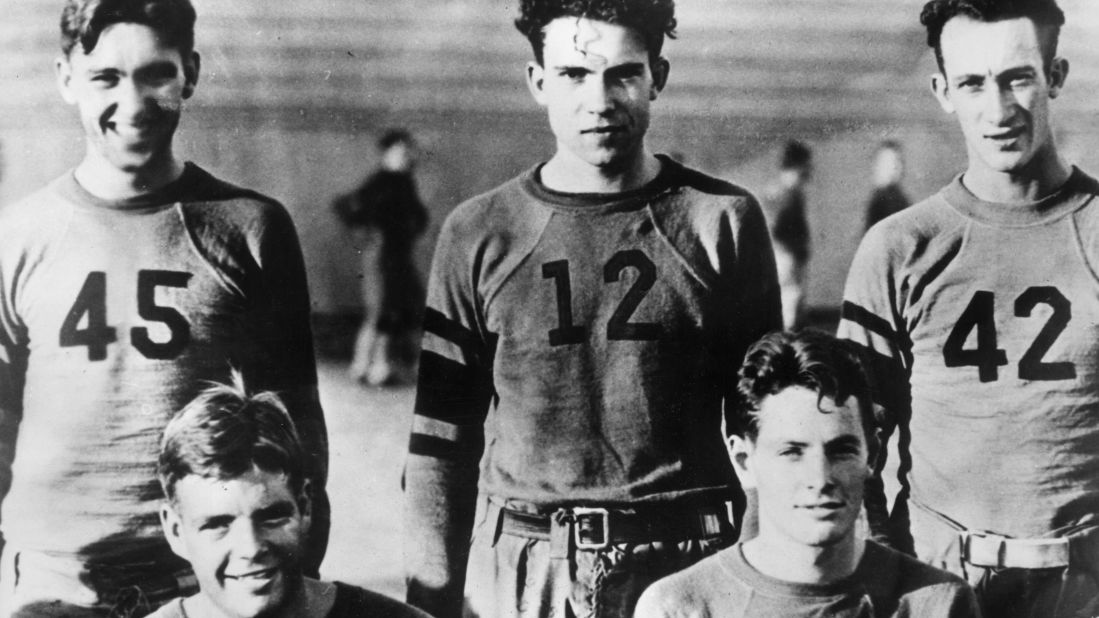 Nixon, No. 12, and his football teammates at Whittier College pose for a picture in the 1930s. After graduating from Whittier, he attended law school at Duke University.
