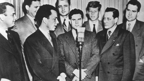 Nixon, far right, stands next to John F. Kennedy and other freshmen members of Congress in 1947.