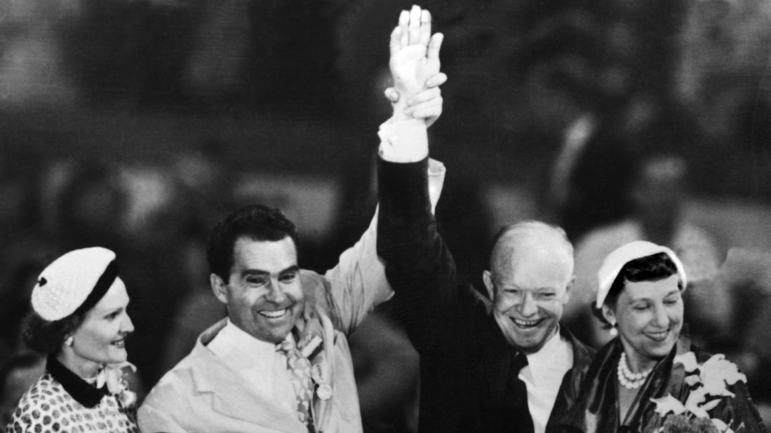 Republican presidential nominee Dwight D. Eisenhower and his running mate, Richard Nixon, with their wives at the Republican National Convention in Chicago on July 12, 1952. The Eisenhower-Nixon ticket won the election that year.