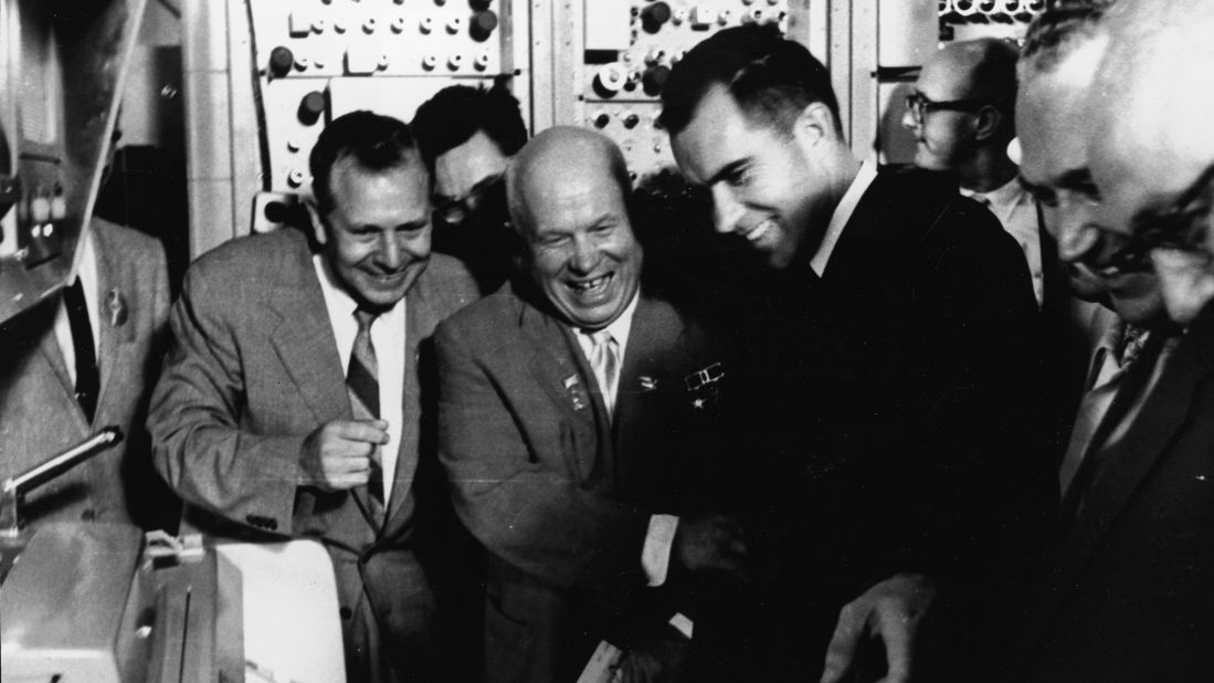 Vice President Nixon, right, and Soviet Premier Nikita Khrushchev, center, share a laugh during Nixon's visit to the Soviet Union in 1959. The two leaders engaged in an informal debate about the merits of capitalism versus communism at the opening of the American National Exhibition in Moscow.
