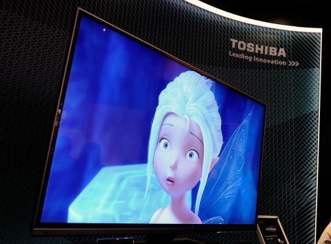 Toshiba displays its CEVO 4K HDTV at its CES booth in the Las Vegas Convention Center. 