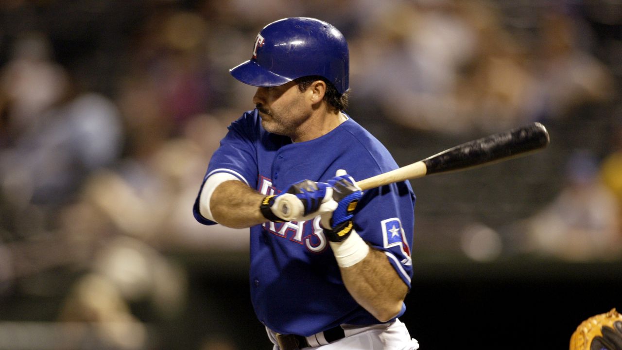 First baseman Rafael Palmeiro of the Texas Rangers swings at a Kansas City Royals pitch in 2003. He was on he Hall of Fame ballot for the third time in 2013.