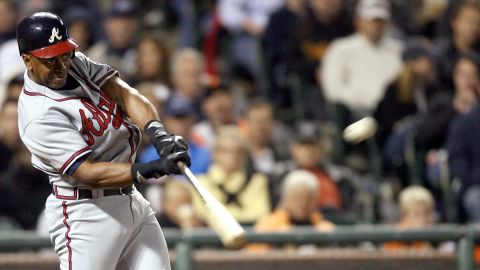 Julio Franco of the Atlanta Braves takes a swing during a game against the San Francisco Giants on July 25, 2007, in San Francisco.