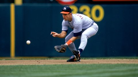 Alan Trammell of the Detroit Tigers fields a ground ball during a game against the Oakland Athletics at Oakland-Alameda Coliseum on June 25, 1996, in Oakland, California.