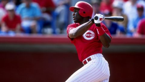 Outfielder Reggie Sanders of the Cincinnati Reds takes a turn at bat during a spring training game against the Philadelphia Phillies in Sarasota, Florida, on March 7, 1998.