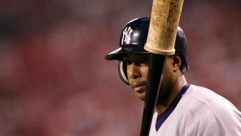 Bernie Williams of the New York Yankees prepares to bat against the Los Angeles Angels during Game Five of the American League Division Series on October 10, 2005.