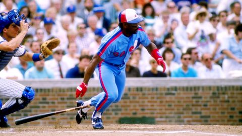 Outfielder Tim Raines of the Montreal Expos drops his bat and prepares to run during a 1989 game.