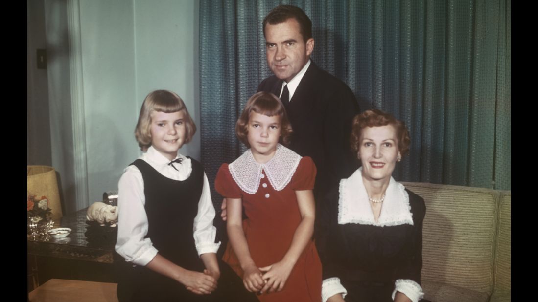 Nixon poses for a portrait with his wife, Pat, and their daughters, Tricia and Julie, circa 1958.