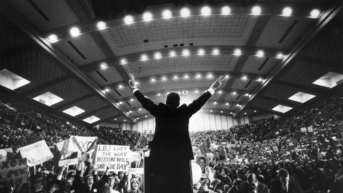 Nixon addresses supporters after winning his party's nomination again in 1968. He went on to defeat the Democratic nominee, incumbent Vice President Hubert Humphrey.