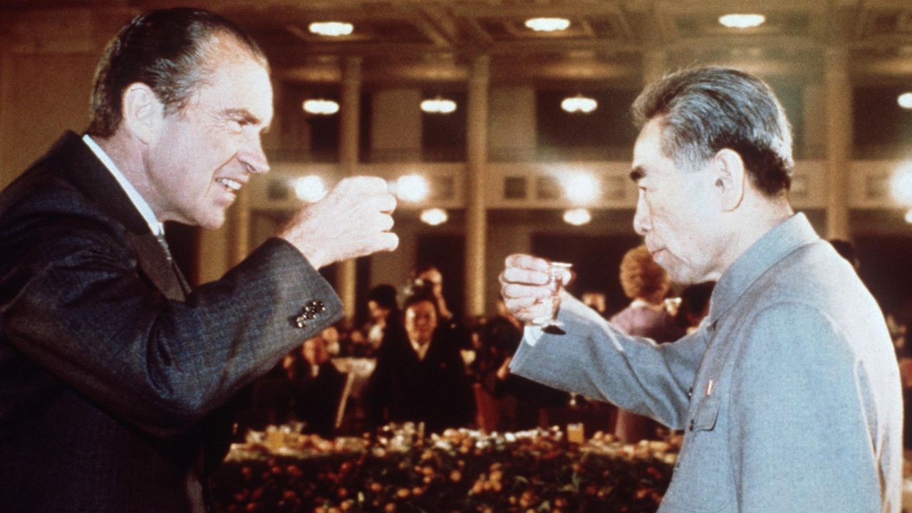 Chinese Premier Zhou Enlai toasts with Nixon during his trip to China in February 1972.