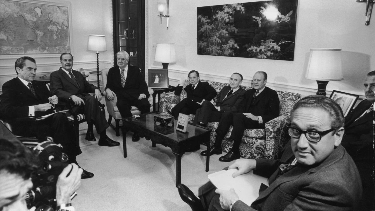 President Nixon, left, briefs the Congressional leadership in 1973 before his televised announcement of the ceasefire in the Vietnam War. From left are Senate Minority Leader Hugh Scott, House Majority Leader Tip O'Neill, Speaker of the House Carl Albert, Senate Majority Leader Mike Mansfield, House Minority Leader Gerald Ford, Vice President Spiro Agnew and Secretary of State Henry Kissinger.