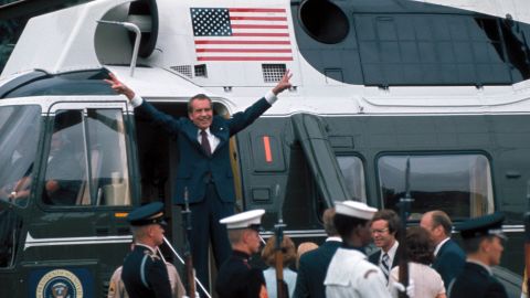 Nixon leaves the White House after his resignation over the Watergate scandal in 1974.