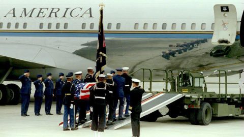 Days after suffering a stroke, Nixon died in New York on April 22, 1994. A military honor guard carries Nixon's casket at the Stewart Air Force Base before the flight back to his hometown of Yorba Linda, California. His body was put on the same Boeing 707 that flew him home after his resignation.