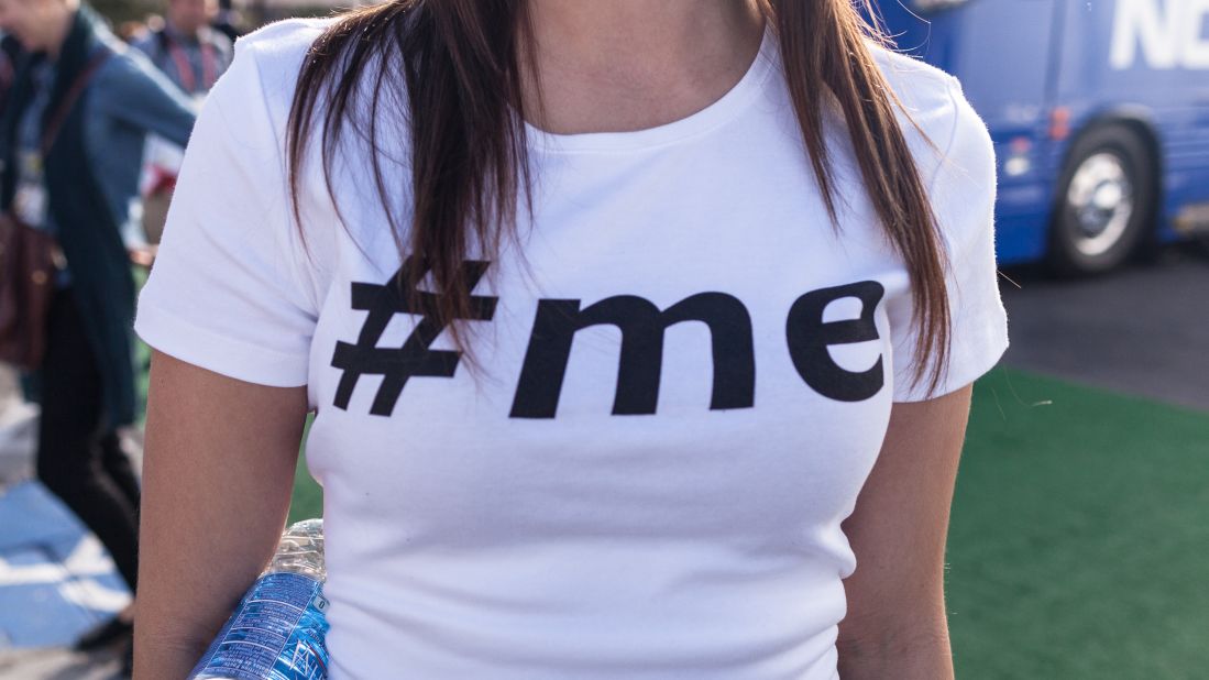A woman wears a hashtag T-shirt on the second day of the Consumers Electronic Show in Las Vegas, Nevada, on Wednesday, January 9. 