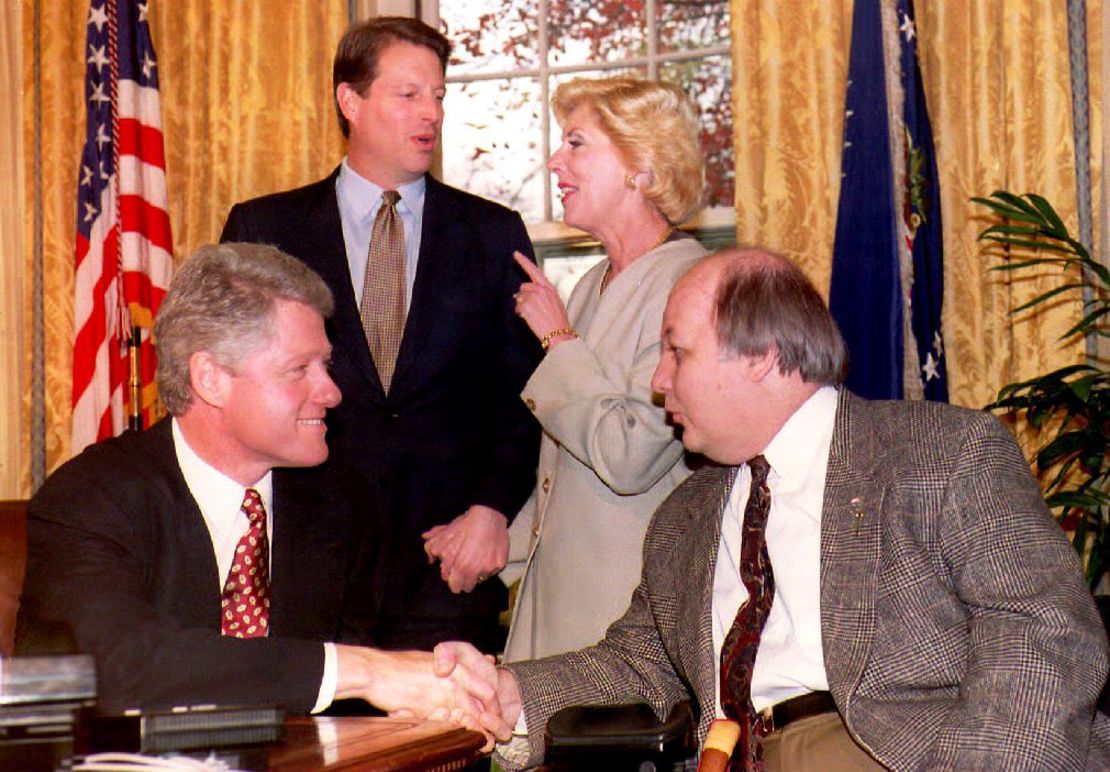 President Clinton and Al Gore congratulate Jim and Sarah Brady on the passage of the Brady Law in 1993. 