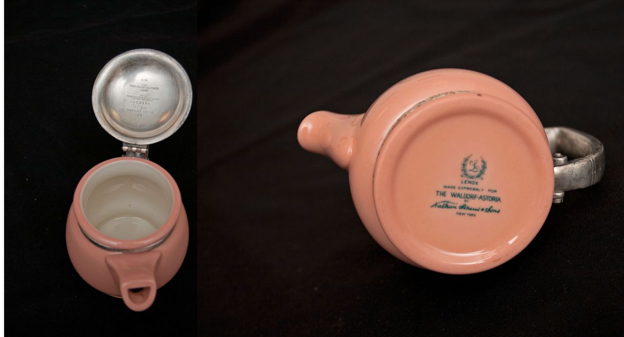 A composite image of a pink teapot dated from 1937. The item was returned by Nathanael Mullener, who recalled it fondly from his time growing up in Queens, New York, but always felt a pang of guilt knowing it must have been stolen at some point.