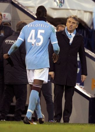 Mancini was Balotelli's first coach at Inter Milan and the pair were reunited in 2010 when the striker joined Manchester City. The start of Balotelli's City career was disrupted by injury, but he finally scored his first Premier League goals in a 2-0 away win at West Bromwich Albion. His joy at netting a brace was short-lived, however, as he was sent off after picking up two yellow cards.