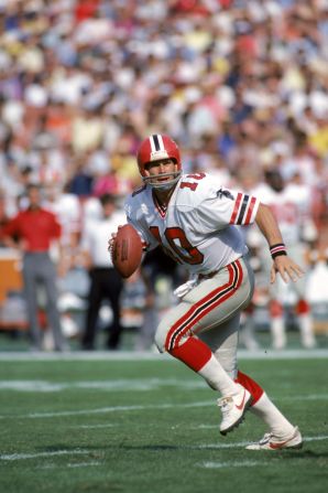 Quarterback Steve Bartkowski of the Atlanta Falcons runs with the ball during a game against the Los Angeles Rams on October 16, 1983.