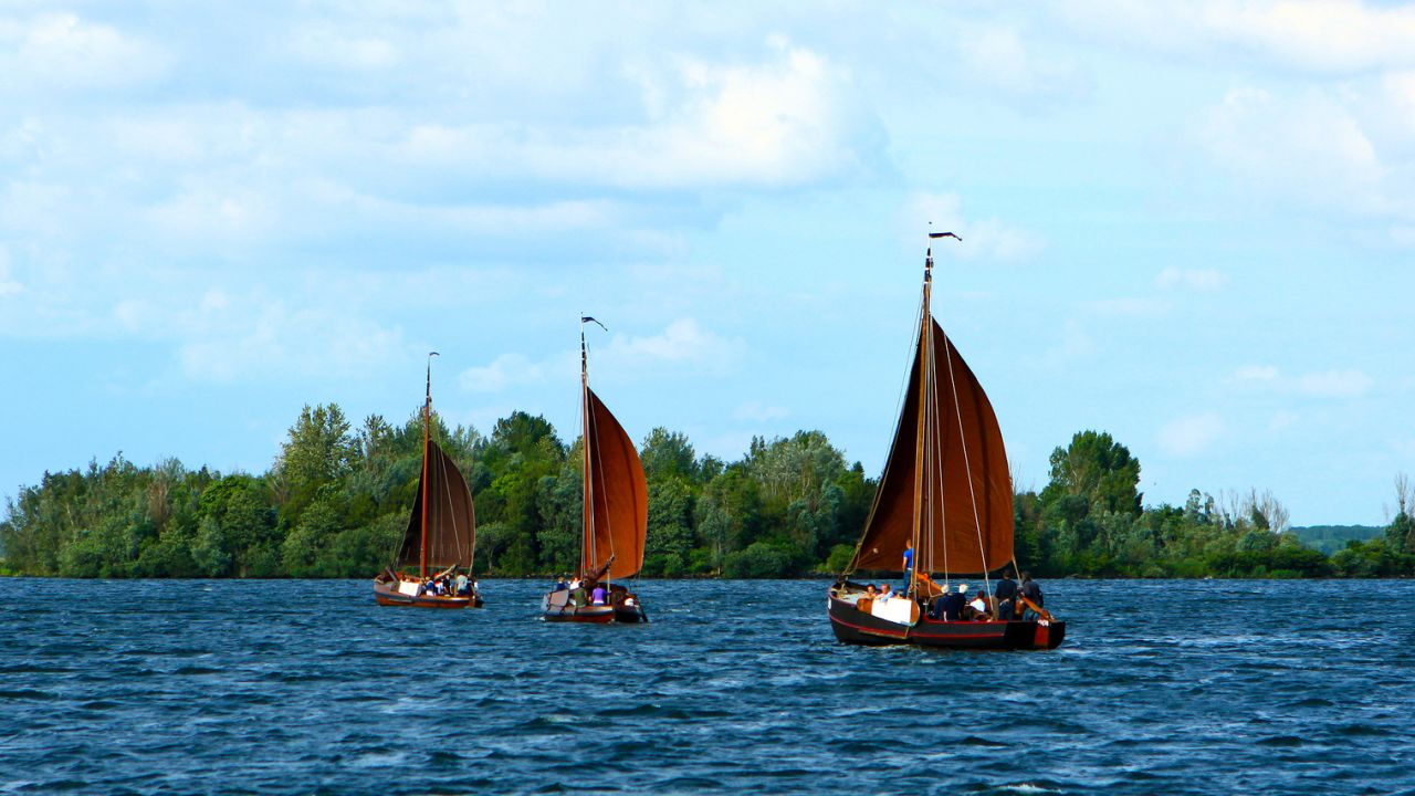 Boats sail on a lake near the town of Harderwijk in the Netherlands.