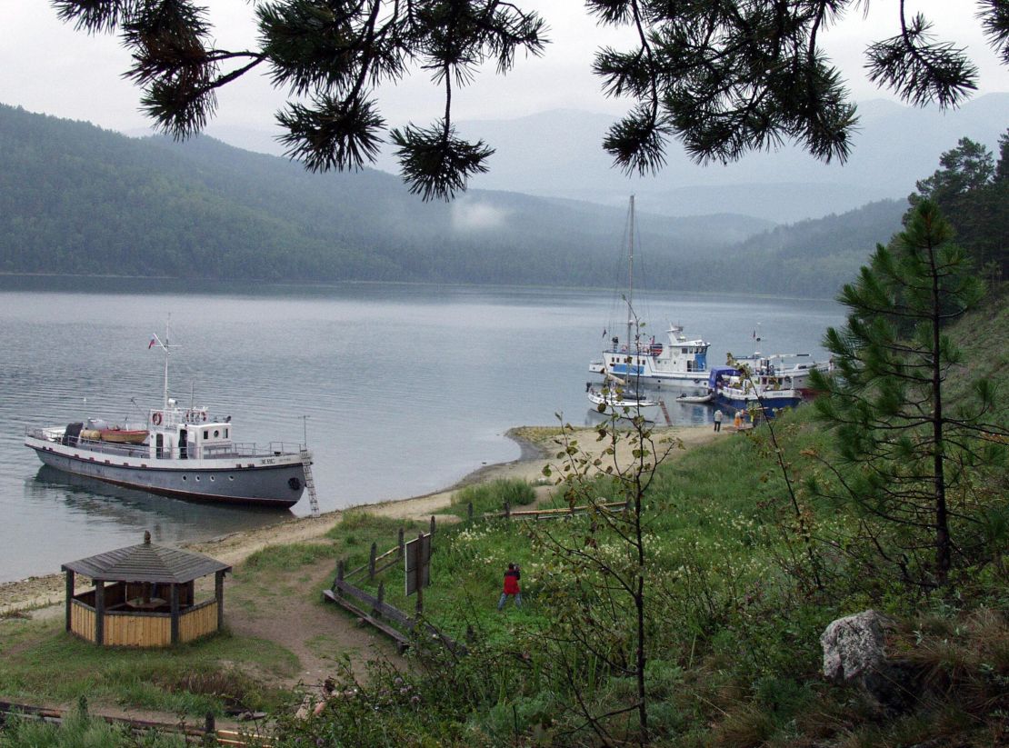 Tourists boats moored on the shore of Lake Baikal, Russia. 