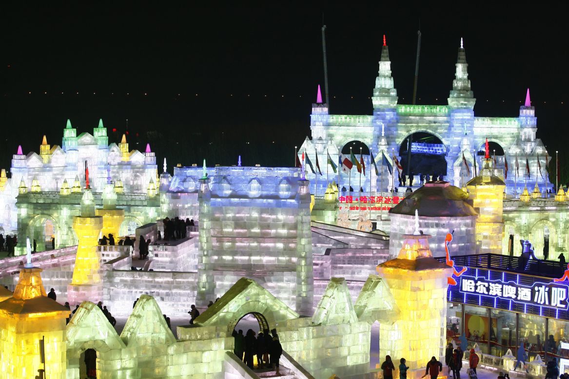 This year's Harbin festival features majestic ice castles and sculptures of fairytale characters bedecked with LED lights.