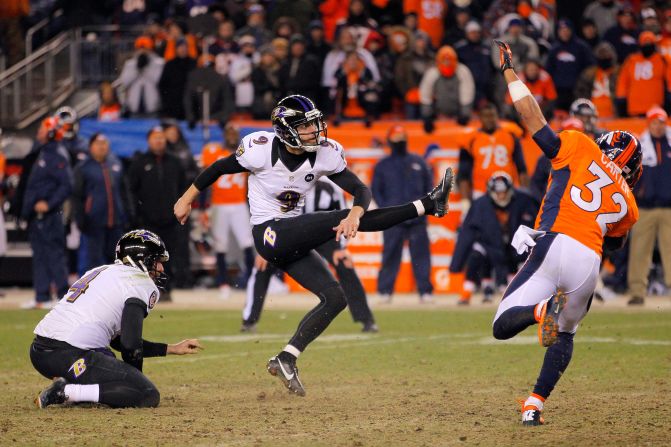 Justin Tucker kicks a 47-yard field goal in the second overtime to give the Baltimore Ravens a 38-35 victory over the Denver Broncos in an AFC Divisional Playoff game at Sports Authority Field at Mile High in Denver on Saturday.