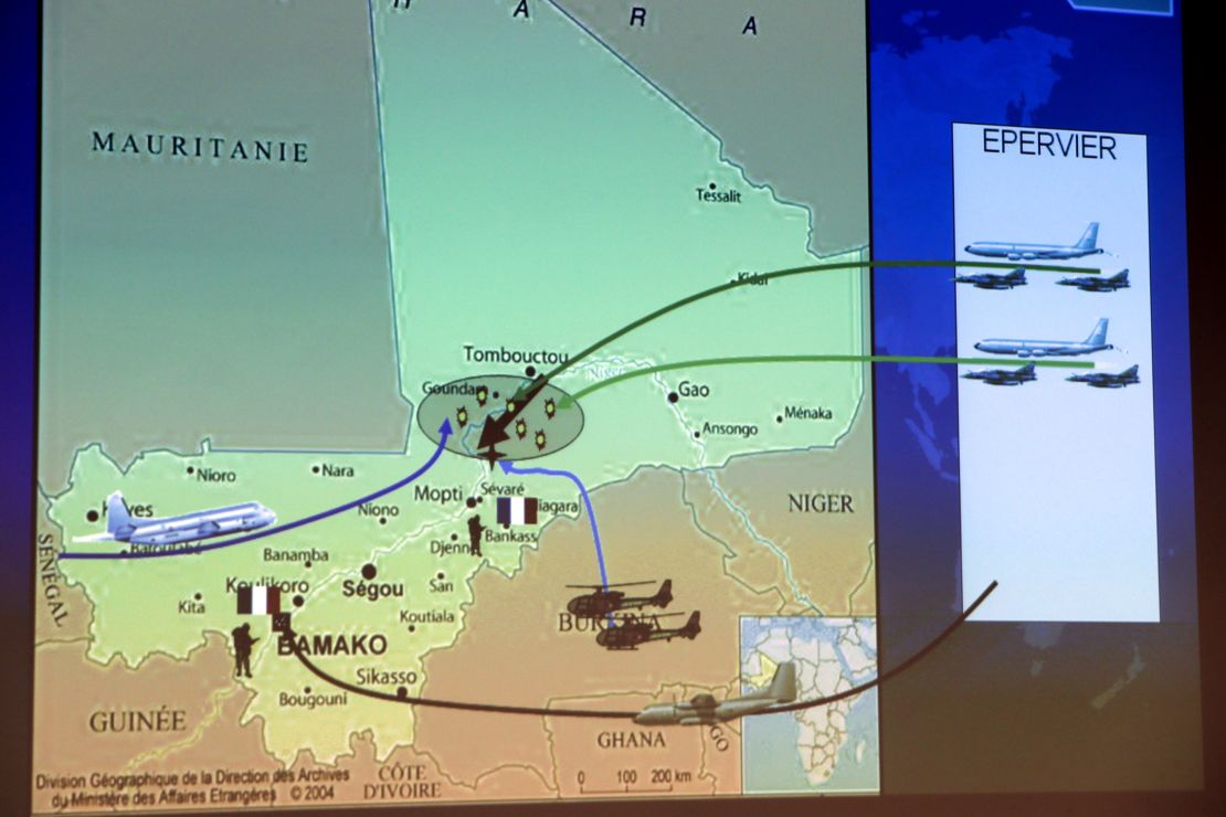 Map showing French troop movements  January 11 t in Mali.