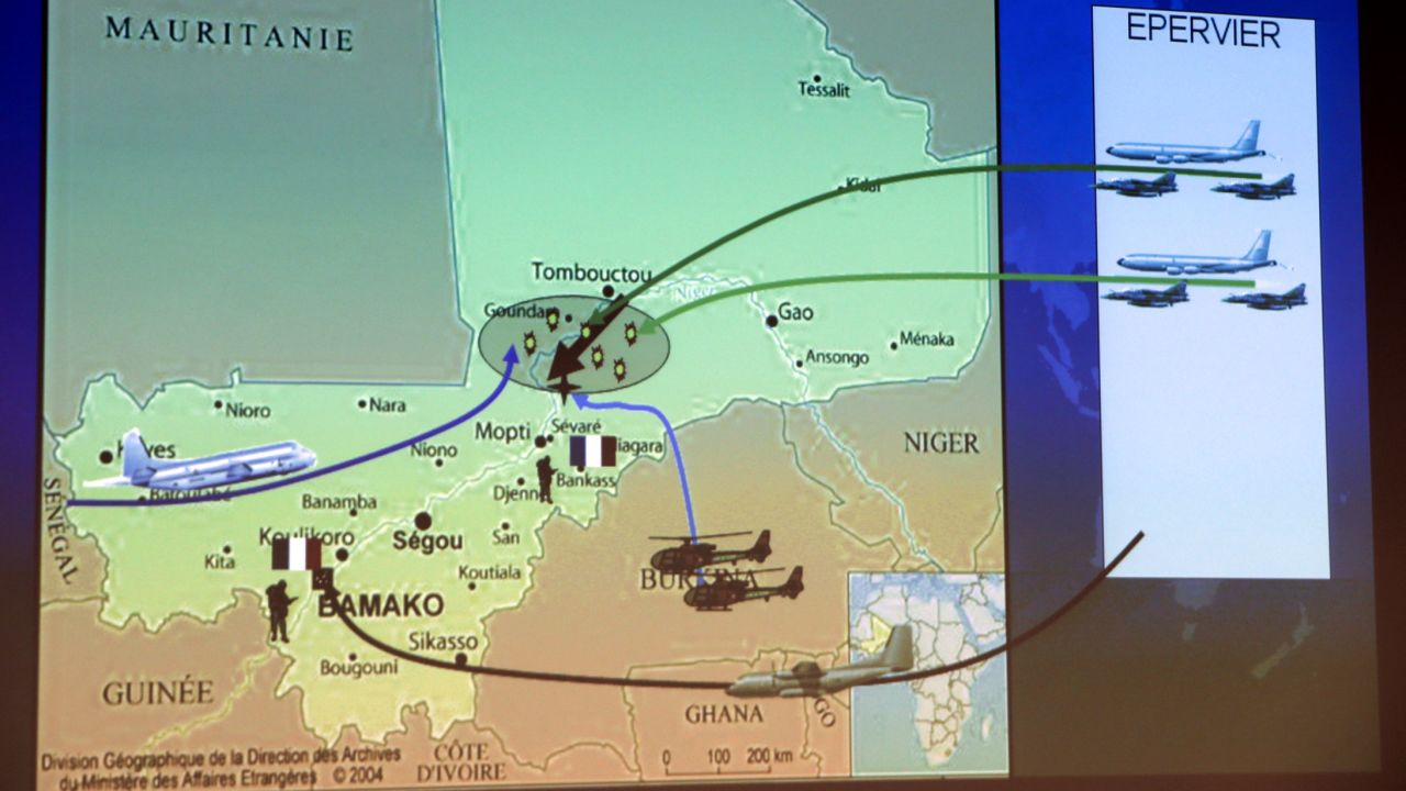 Map showing French troop movements January 11 t in Mali.