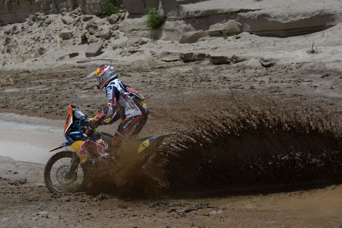 KTM rider Cyril Despres encounters some mud between Salta and Tucuman, Argentina, on Saturday, January 12. 