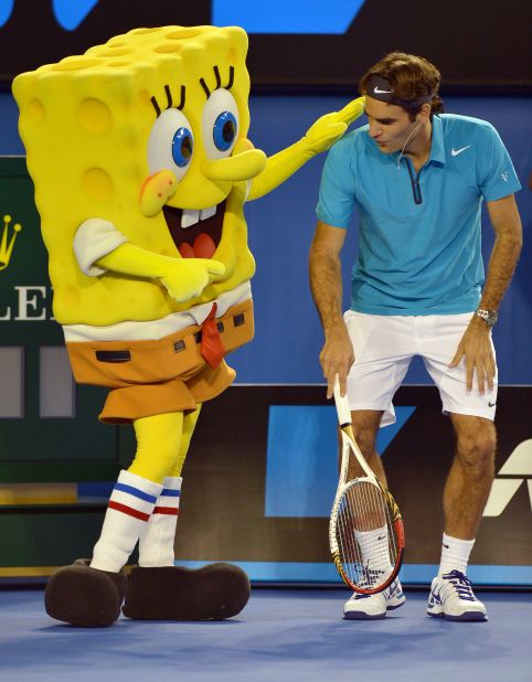 Federer, seeking a fifth Australian Open title, plays with cartoon character Sponge Bob at the children's event.