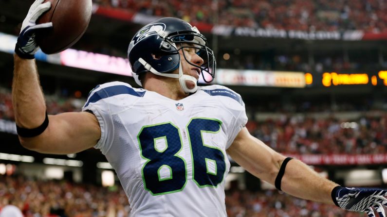 Zach Miller of the Seahawks celebrates his fourth quarter touchdown reception against the Falcons on Sunday.