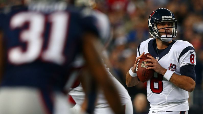 Matt Schaub of the Texans drops back against the Patriots on Sunday.