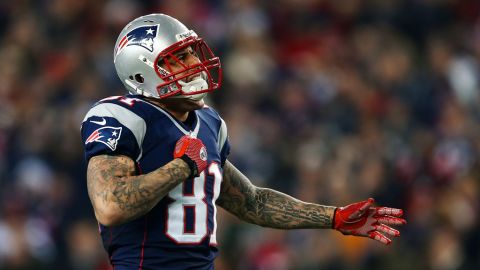 Aaron Hernandez of the New England Patriots reacts after a catch in the third quarter of the playoff game against the Texans.